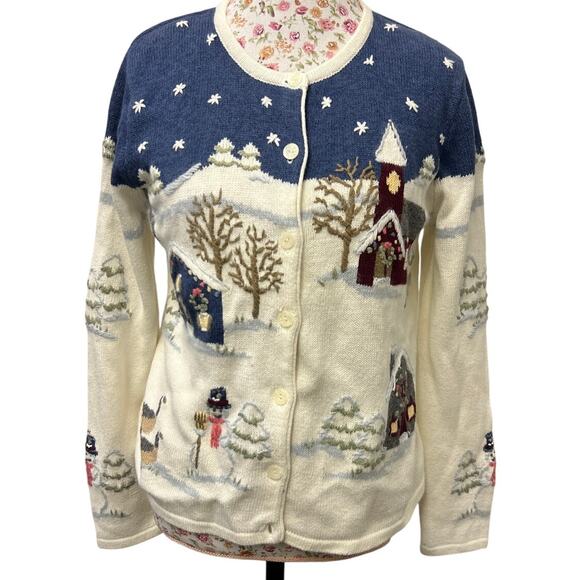 ❄️ Christopher & Banks S Hand Embroidered Cardigan – Winter Snow Scene Sweater - Picture 1 of 5